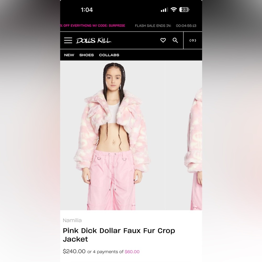 Pink Dick Dollar Faux Fur Coat Cropped